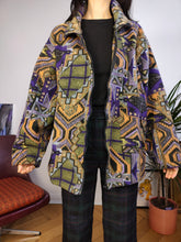 Load image into Gallery viewer, Vintage 90s retro fleece jacket crazy pattern pullover jumper cardigan green purple geometric print Egemony Sport Style Italy M
