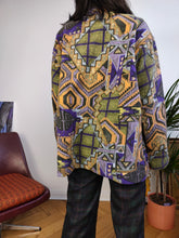 Load image into Gallery viewer, Vintage 90s retro fleece jacket crazy pattern pullover jumper cardigan green purple geometric print Egemony Sport Style Italy M
