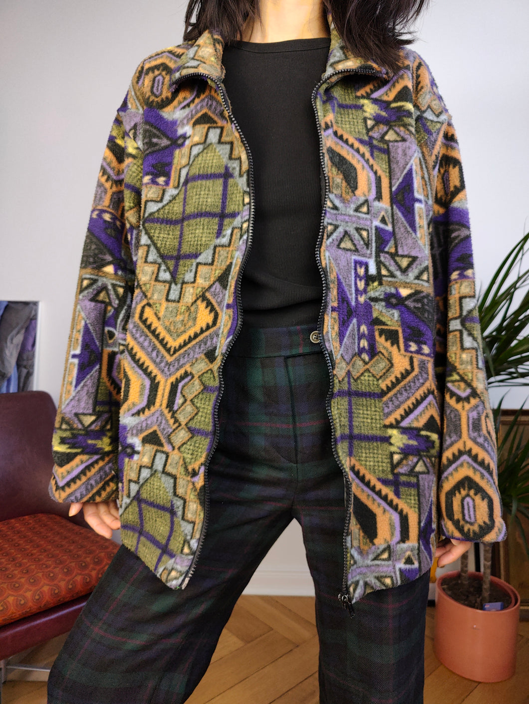 Vintage 90s retro fleece jacket crazy pattern pullover jumper cardigan green purple geometric print Egemony Sport Style Italy M