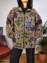 Load image into Gallery viewer, Vintage 90s retro fleece jacket crazy pattern pullover jumper cardigan green purple geometric print Egemony Sport Style Italy M

