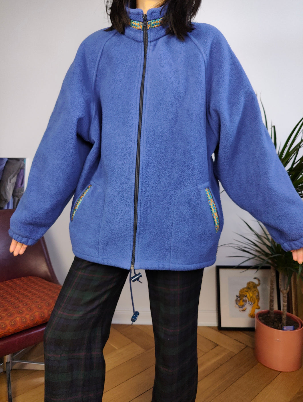 Vintage fleece jacket pullover jumper cardigan plain blue thick Alpes made in France L