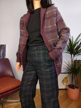 Load image into Gallery viewer, Vintage 100% Shetland wool cardigan tartan purple pattern winter check checker knit knitted jacket XS-S
