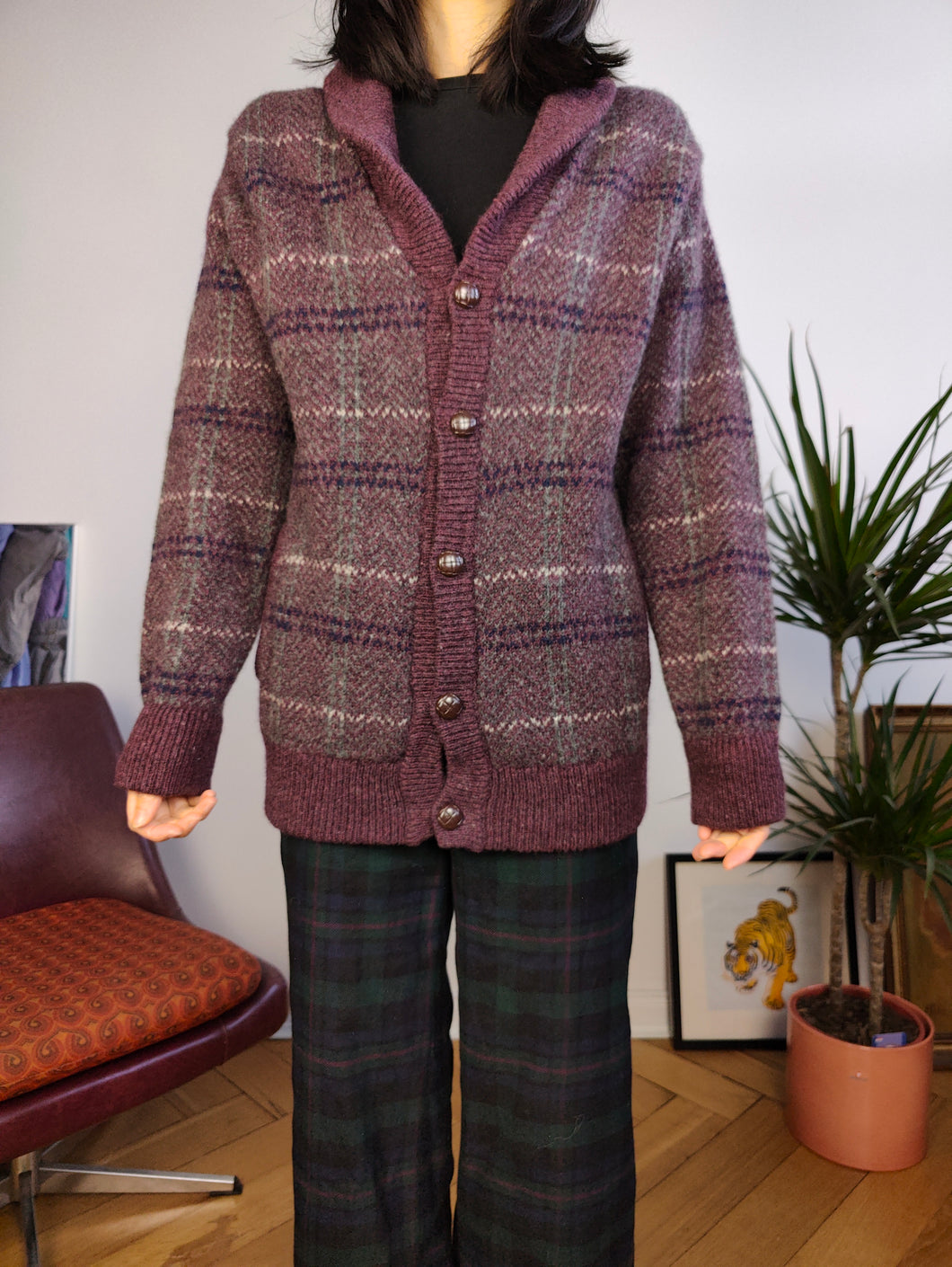 Vintage 100% Shetland wool cardigan tartan purple pattern winter check checker knit knitted jacket XS-S