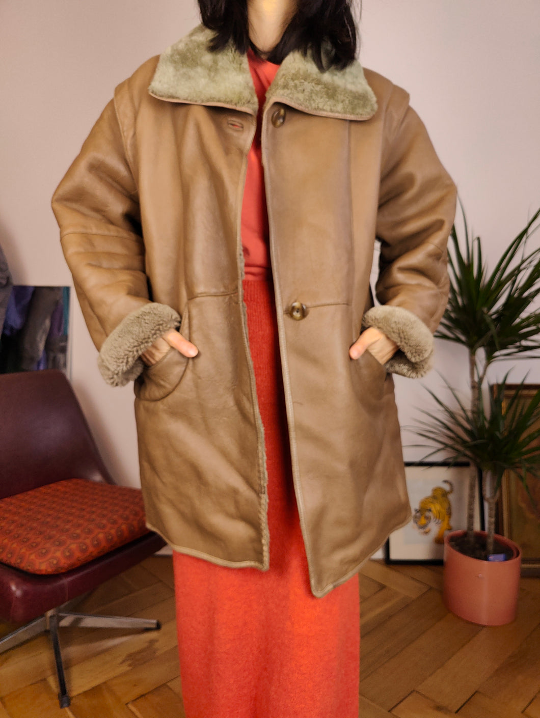 Vintage-Mantel aus echtem Shearling-Leder, braunes Schaffell, Lammfell, Sherpa S