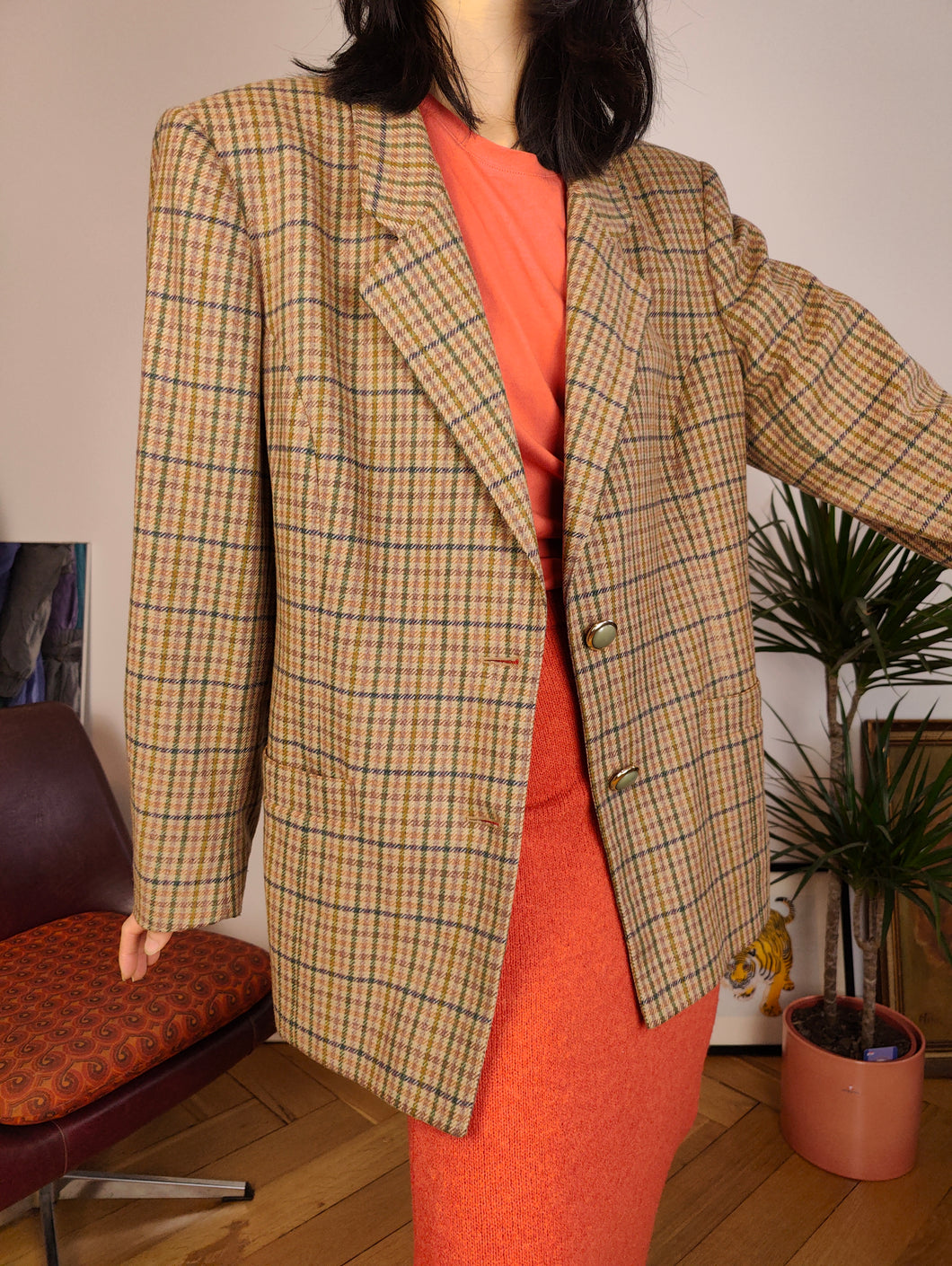 Vintage cashmere wool blend blazer brown beige checker check tartan pattern jacket women IT50 M-L