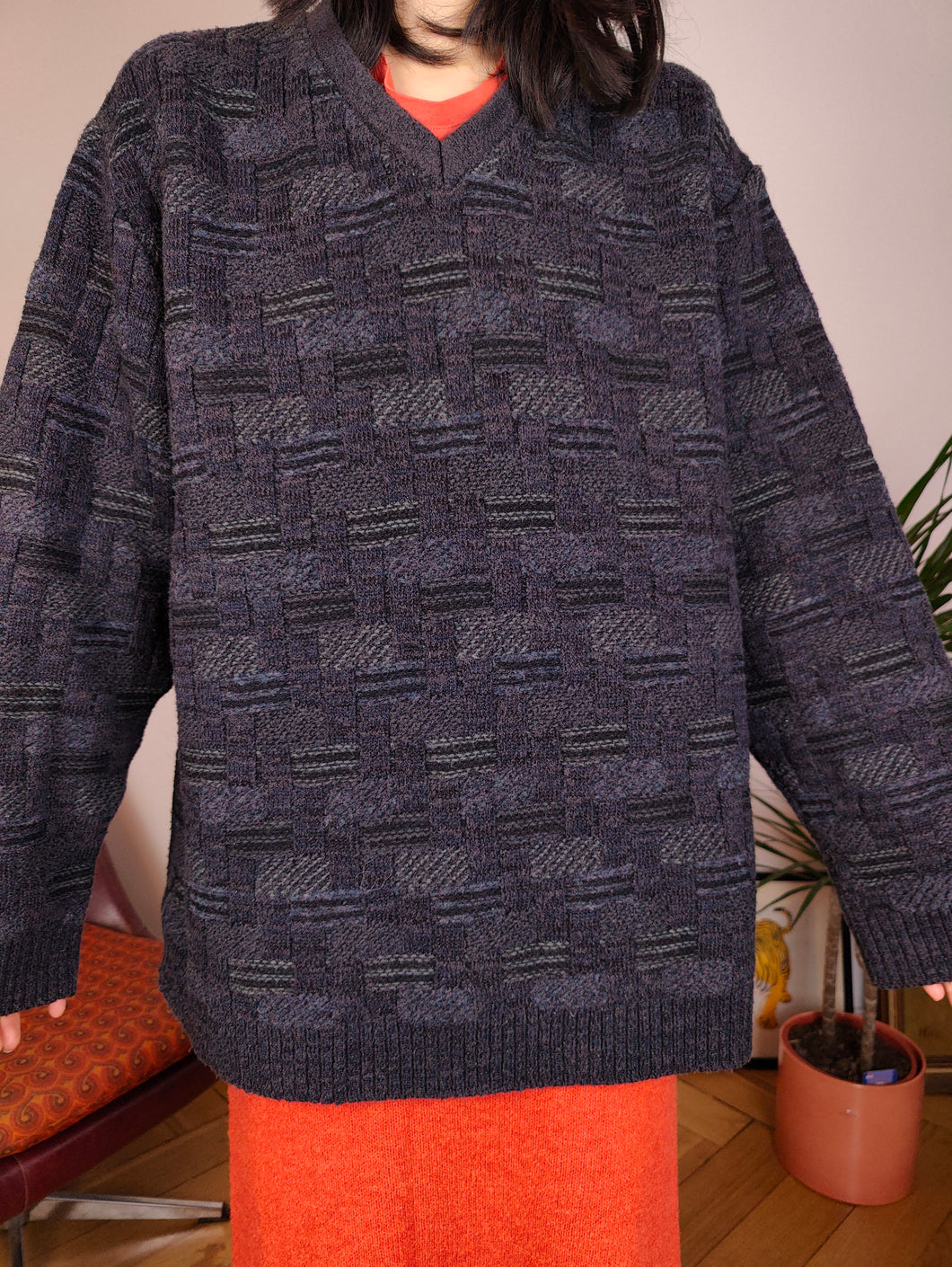 Vintage sweater structural knit purple black pattern fall winter knitted pullover jumper V neck unisex men M