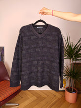 Load image into Gallery viewer, Vintage sweater structural knit purple black pattern fall winter knitted pullover jumper V neck unisex men M
