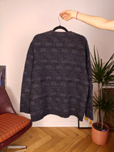 Load image into Gallery viewer, Vintage sweater structural knit purple black pattern fall winter knitted pullover jumper V neck unisex men M
