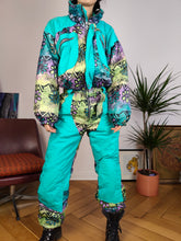 Load image into Gallery viewer, Vintage 90s ski suit snow snowboard winter sport onesie overall jumpsuit blue turquoise pattern 176 S
