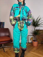 Load image into Gallery viewer, Vintage 90s ski suit snow snowboard winter sport onesie overall jumpsuit blue turquoise pattern 176 S
