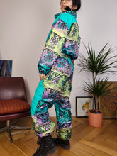 Load image into Gallery viewer, Vintage 90s ski suit snow snowboard winter sport onesie overall jumpsuit blue turquoise pattern 176 S
