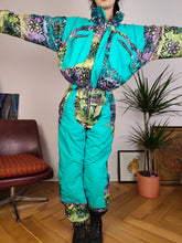 Load image into Gallery viewer, Vintage 90s ski suit snow snowboard winter sport onesie overall jumpsuit blue turquoise pattern 176 S
