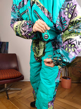 Load image into Gallery viewer, Vintage 90s ski suit snow snowboard winter sport onesie overall jumpsuit blue turquoise pattern 176 S
