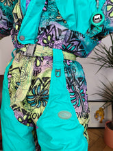 Load image into Gallery viewer, Vintage 90s ski suit snow snowboard winter sport onesie overall jumpsuit blue turquoise pattern 176 S
