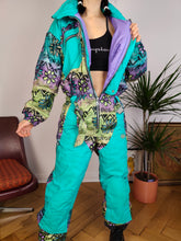 Load image into Gallery viewer, Vintage 90s ski suit snow snowboard winter sport onesie overall jumpsuit blue turquoise pattern 176 S

