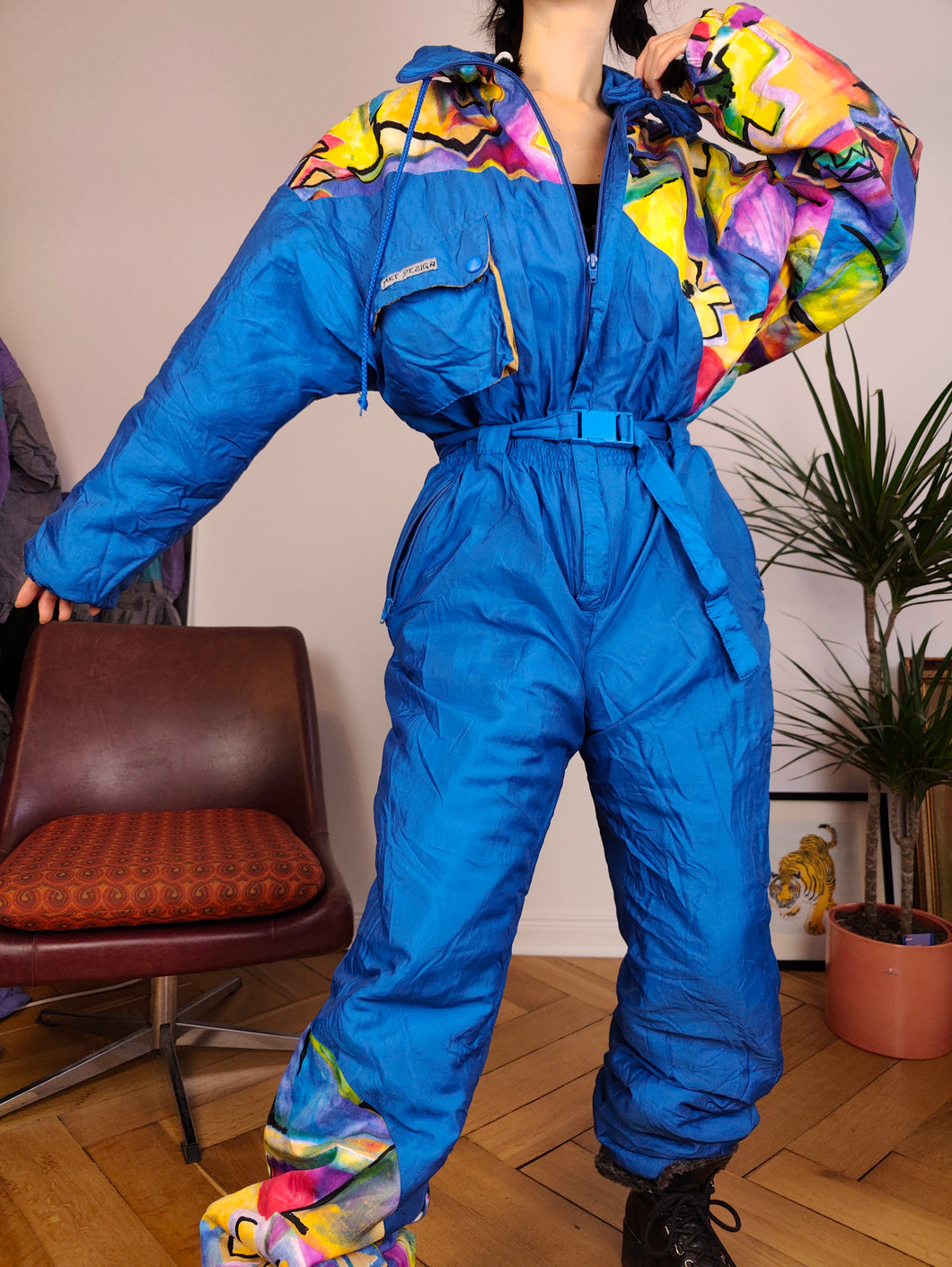 Vintage Rodeo ski suit snow snowboard winter sport onesie overall jumpsuit blue art pattern S-M