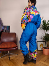 Load image into Gallery viewer, Vintage Rodeo ski suit snow snowboard winter sport onesie overall jumpsuit blue art pattern S-M
