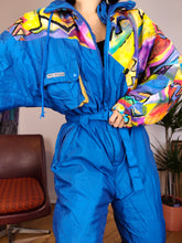 Load image into Gallery viewer, Vintage Rodeo ski suit snow snowboard winter sport onesie overall jumpsuit blue art pattern S-M
