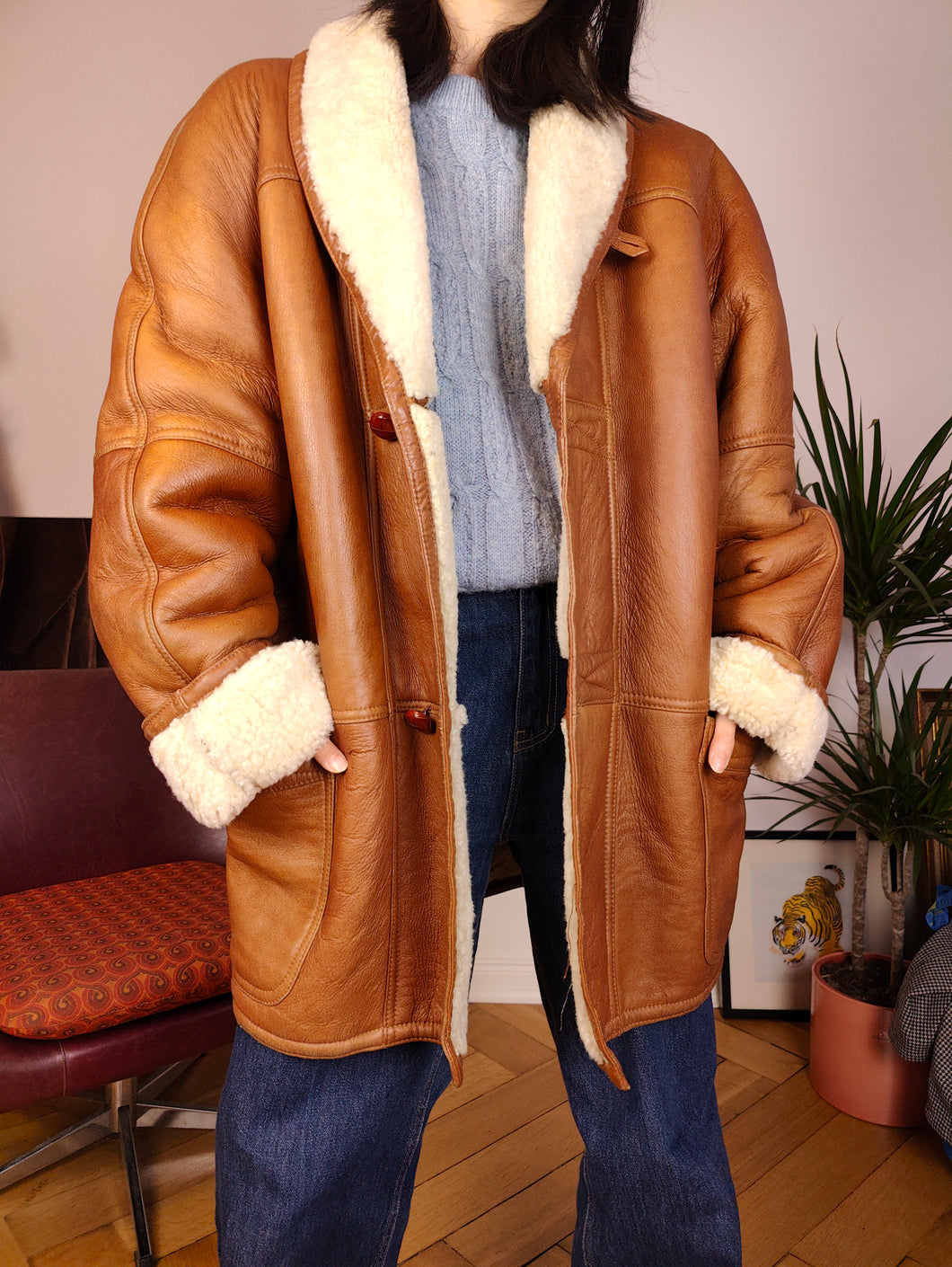 Vintage genuine shearling leather coat tan brown sheepskin lambskin sherpa winter IT52 L-XL