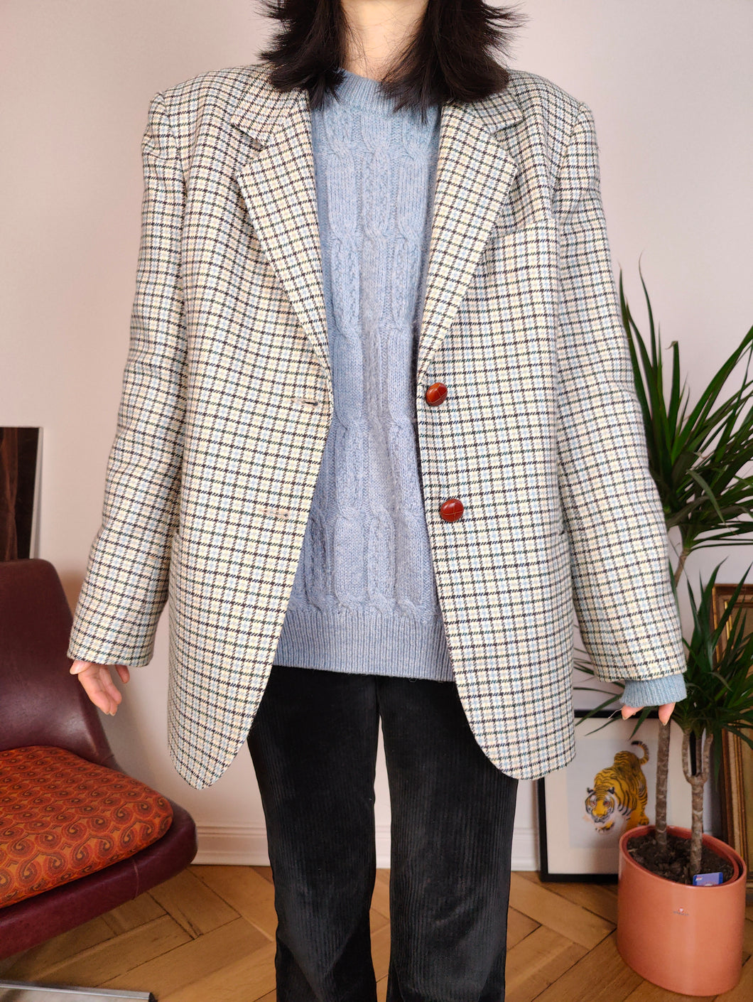 Vintage Blazer aus 100 % Wolle, weiß, blau, kariert, Tartan-Muster, Jacke für Damen, IT48 M
