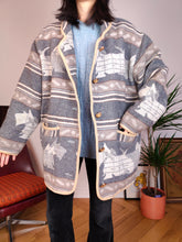 Load image into Gallery viewer, Vintage wool blend dog pattern coat warm jacket doggy animal autumn winter grey navajo L
