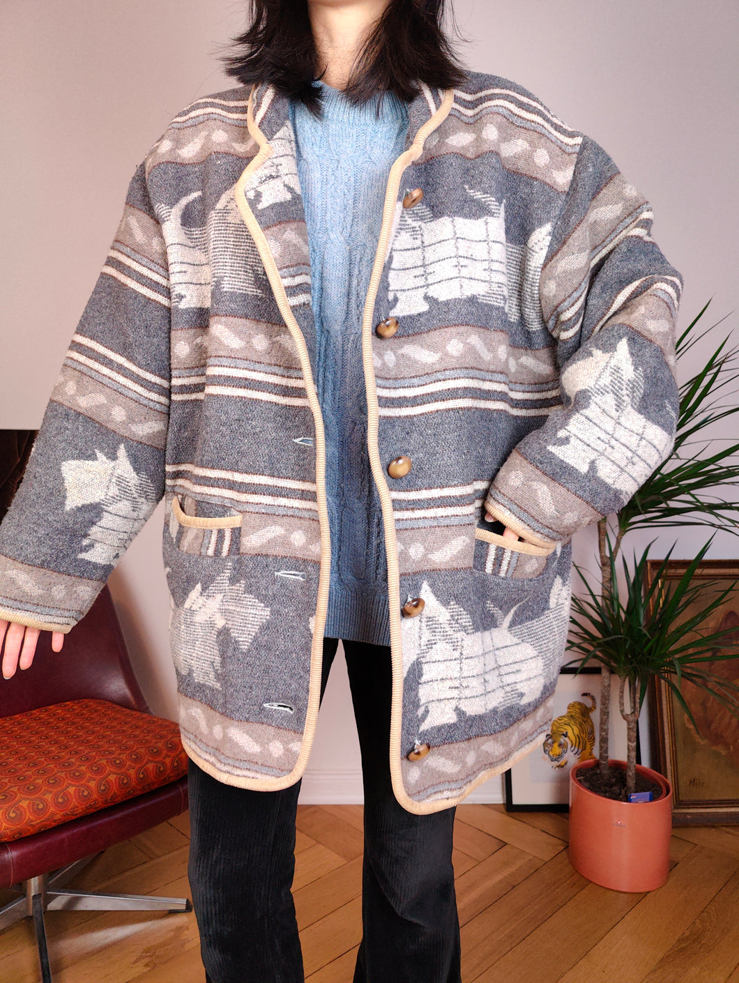 Vintage wool blend dog pattern coat warm jacket doggy animal autumn winter grey navajo L