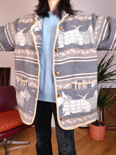 Load image into Gallery viewer, Vintage wool blend dog pattern coat warm jacket doggy animal autumn winter grey navajo L
