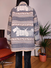 Load image into Gallery viewer, Vintage wool blend dog pattern coat warm jacket doggy animal autumn winter grey navajo L

