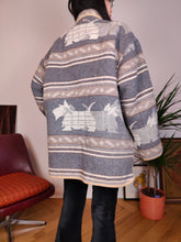 Load image into Gallery viewer, Vintage wool blend dog pattern coat warm jacket doggy animal autumn winter grey navajo L
