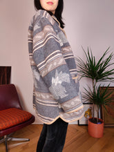 Load image into Gallery viewer, Vintage wool blend dog pattern coat warm jacket doggy animal autumn winter grey navajo L
