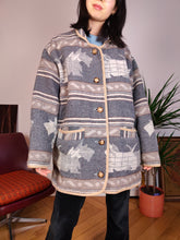 Load image into Gallery viewer, Vintage wool blend dog pattern coat warm jacket doggy animal autumn winter grey navajo L
