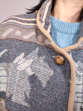Load image into Gallery viewer, Vintage wool blend dog pattern coat warm jacket doggy animal autumn winter grey navajo L
