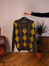 Load image into Gallery viewer, Vintage argyle merino wool polo collar sweater knit pullover jumper khaki green brown yellow diamonds M
