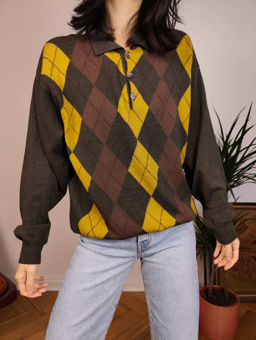 Vintage argyle merino wool polo collar sweater knit pullover jumper khaki green brown yellow diamonds M