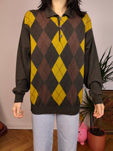 Load image into Gallery viewer, Vintage argyle merino wool polo collar sweater knit pullover jumper khaki green brown yellow diamonds M
