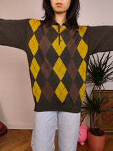 Load image into Gallery viewer, Vintage argyle merino wool polo collar sweater knit pullover jumper khaki green brown yellow diamonds M
