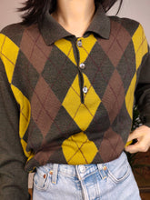 Load image into Gallery viewer, Vintage argyle merino wool polo collar sweater knit pullover jumper khaki green brown yellow diamonds M

