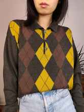 Load image into Gallery viewer, Vintage argyle merino wool polo collar sweater knit pullover jumper khaki green brown yellow diamonds M
