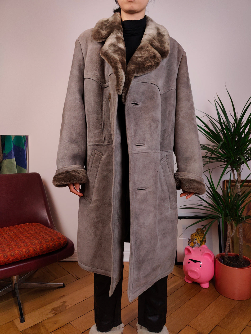 Vintage genuine shearling leather coat beige grey sheepskin lambskin sherpa winter heavy midi long jacket M-L