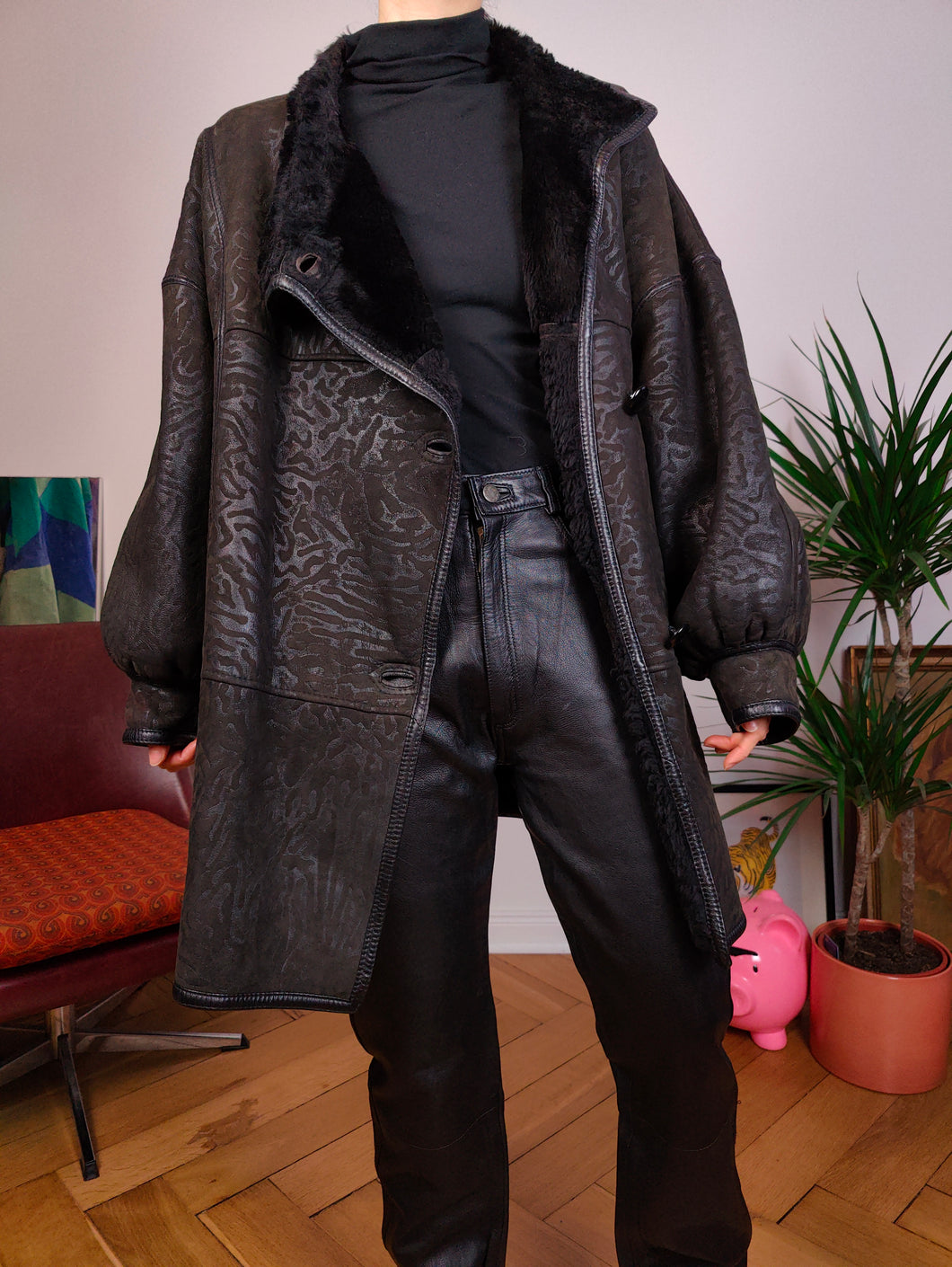 Vintage-Mantel aus echtem Shearling-Leder, schwarzer Leoparden-Tierdruckmuster, Schaffell-Lammfell-Sherpa-Winter, Zanobetti 44 L-XL
