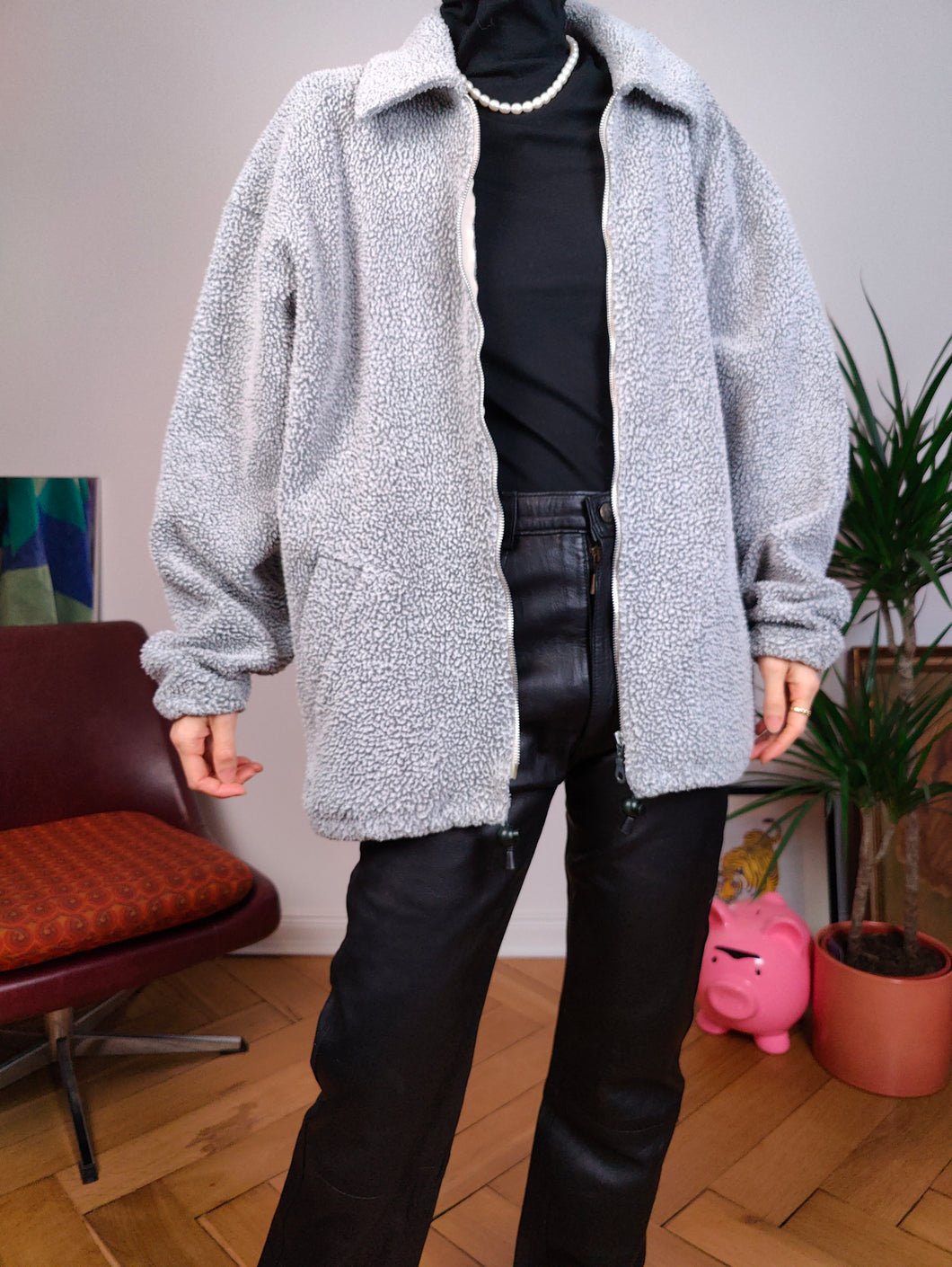 Vintage fleece jacket pullover jumper zipper cardigan plain grey blue Georges Gonnet France L