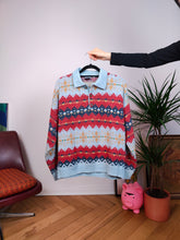 Lade das Bild in den Galerie-Viewer, Vintage-Pullover mit Polokragen, Strickpullover, blau-rotes Muster, Game Over Italy, 50 ml
