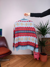 Lade das Bild in den Galerie-Viewer, Vintage-Pullover mit Polokragen, Strickpullover, blau-rotes Muster, Game Over Italy, 50 ml
