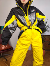 Load image into Gallery viewer, Vintage 90s EKIP ski suit snow snowboard winter sport onesie overall jumpsuit black yellow 44 S
