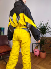 Load image into Gallery viewer, Vintage 90s EKIP ski suit snow snowboard winter sport onesie overall jumpsuit black yellow 44 S
