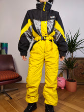 Load image into Gallery viewer, Vintage 90s EKIP ski suit snow snowboard winter sport onesie overall jumpsuit black yellow 44 S
