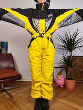 Load image into Gallery viewer, Vintage 90s EKIP ski suit snow snowboard winter sport onesie overall jumpsuit black yellow 44 S
