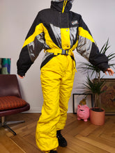 Load image into Gallery viewer, Vintage 90s EKIP ski suit snow snowboard winter sport onesie overall jumpsuit black yellow 44 S
