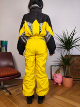 Load image into Gallery viewer, Vintage 90s EKIP ski suit snow snowboard winter sport onesie overall jumpsuit black yellow 44 S
