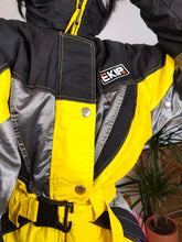 Load image into Gallery viewer, Vintage 90s EKIP ski suit snow snowboard winter sport onesie overall jumpsuit black yellow 44 S
